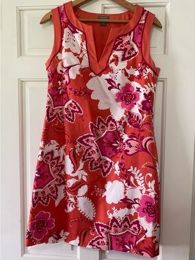 Ann Taylor Coral Orange Floral Shift Dress with Pink and White Accents